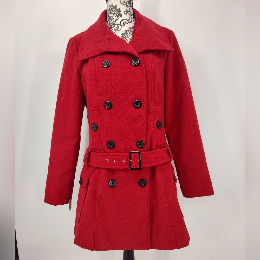 Iz Byer Red Double Breasted Pea Coat with Black Accents Women's Large